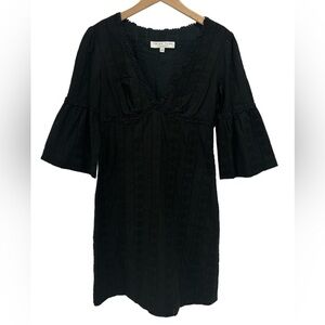 Trina Turk Black Cotton Bell Sleeve V Neck Empire Waist Knee Length Dress - 4